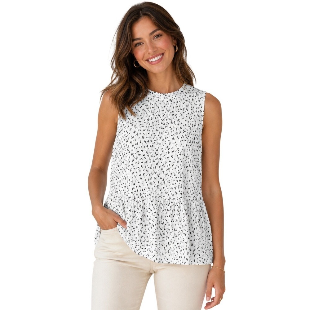 LOFT Women's Sleeveless Blouse Size L White Black Floral Peplum Career Tunic Top